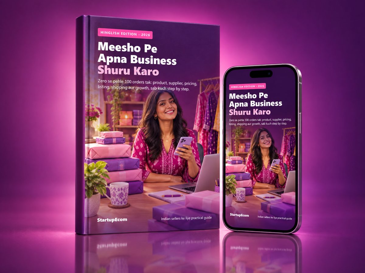 Meesho Seller Guide ebook cover on a book and a phone